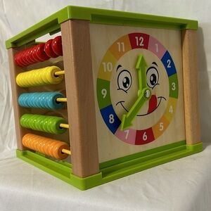 Toddler Learning Cube Toy Wooden Gears Abacus Clock Shape Montessori 7 in x 7 in